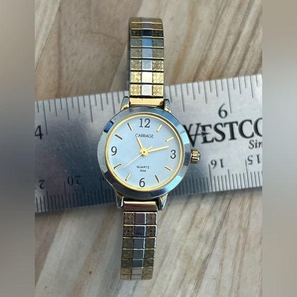 Carriage Ladies Watch Indiglo White Dial Two Tone Stretch Stainless Bracelet - Picture 3 of 8